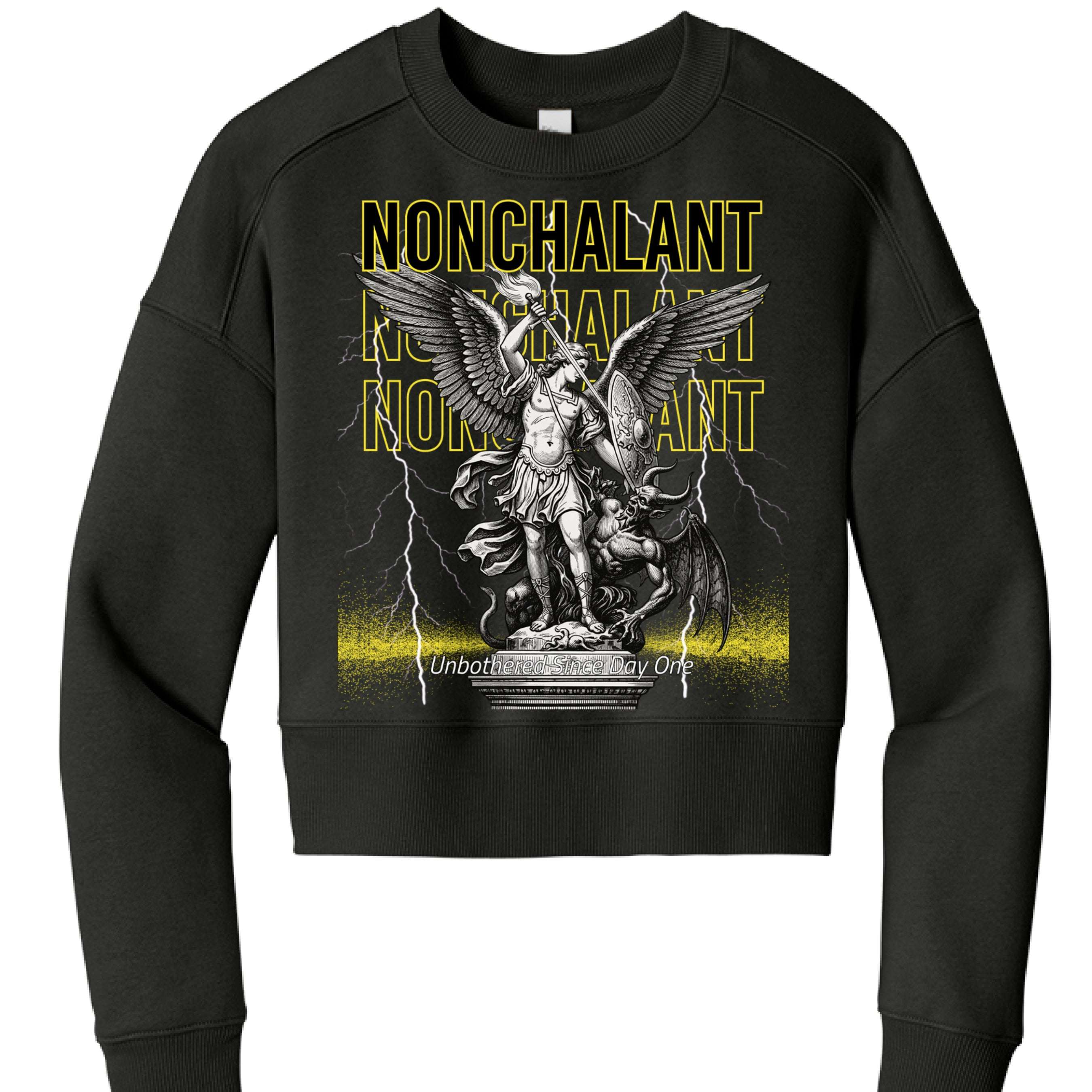 Womens Crewneck Demon & Angel cropped fleece sweatshirt with drop shoulders and rib knit cuffs hem and neck