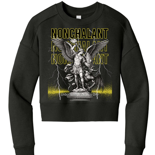 Womens Crewneck Demon & Angel cropped fleece sweatshirt with drop shoulders and rib knit cuffs hem and neck