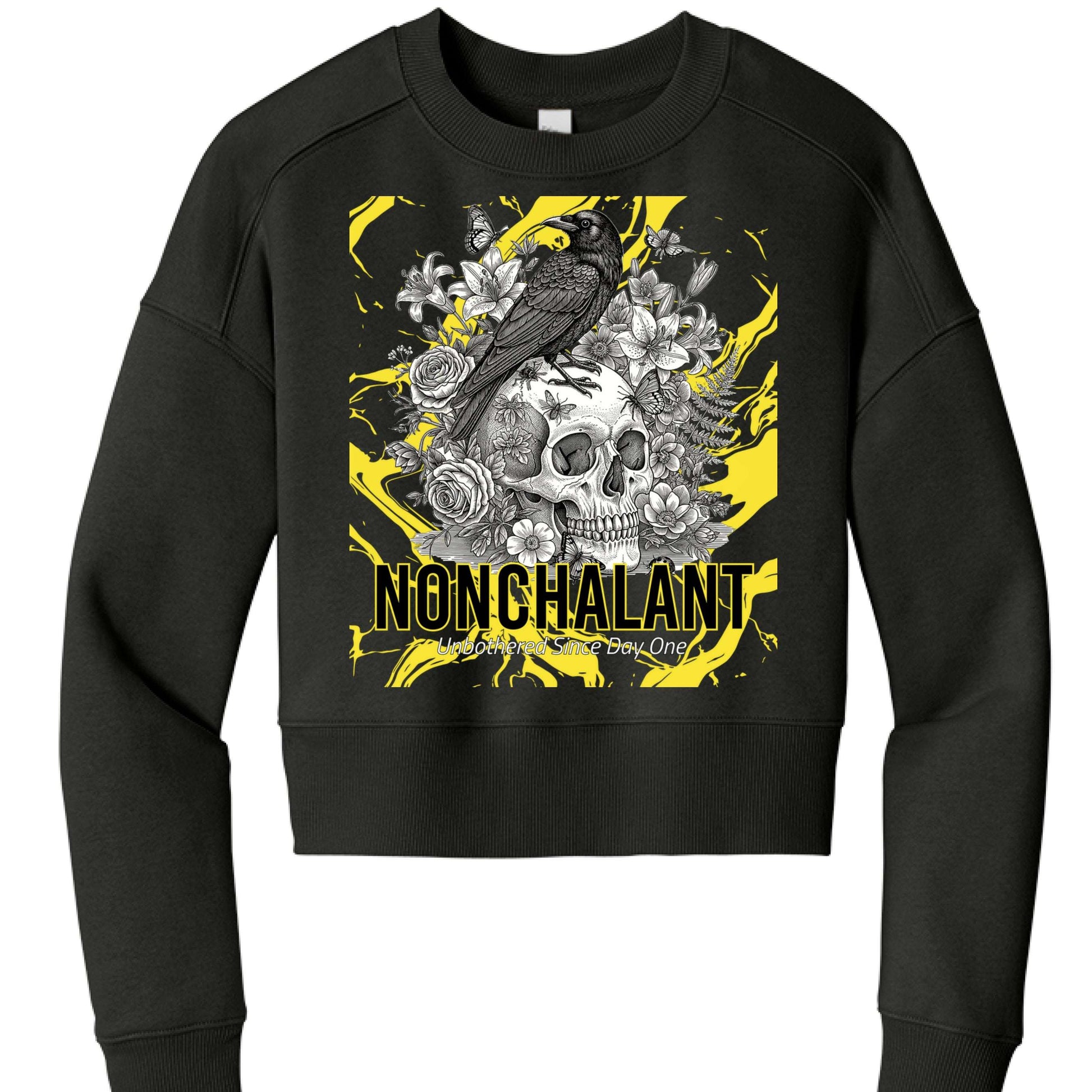 Skull Crow women's cropped fleece crew with drop shoulders and rib knit cuffs in combed ring spun cotton blend
