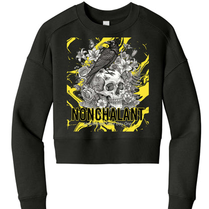 Skull Crow women's cropped fleece crew with drop shoulders and rib knit cuffs in combed ring spun cotton blend