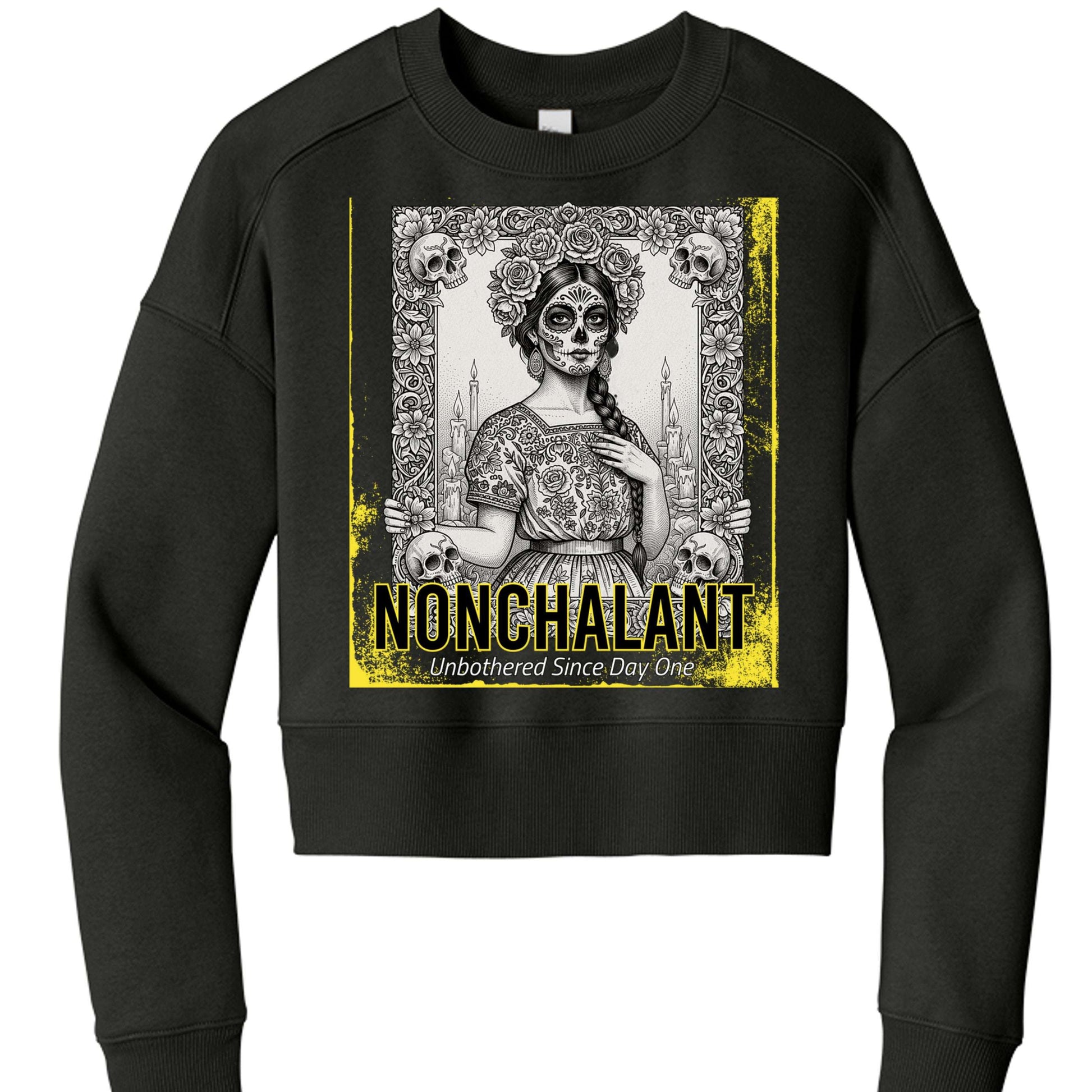 Dia de Los Muertos women's cropped fleece crewneck with sugar skull graphic, drop shoulders, and rib knit cuffs