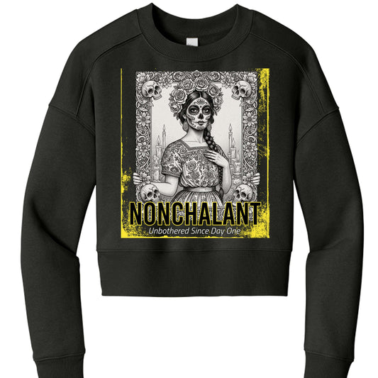 Dia de Los Muertos women's cropped fleece crewneck with sugar skull graphic, drop shoulders, and rib knit cuffs