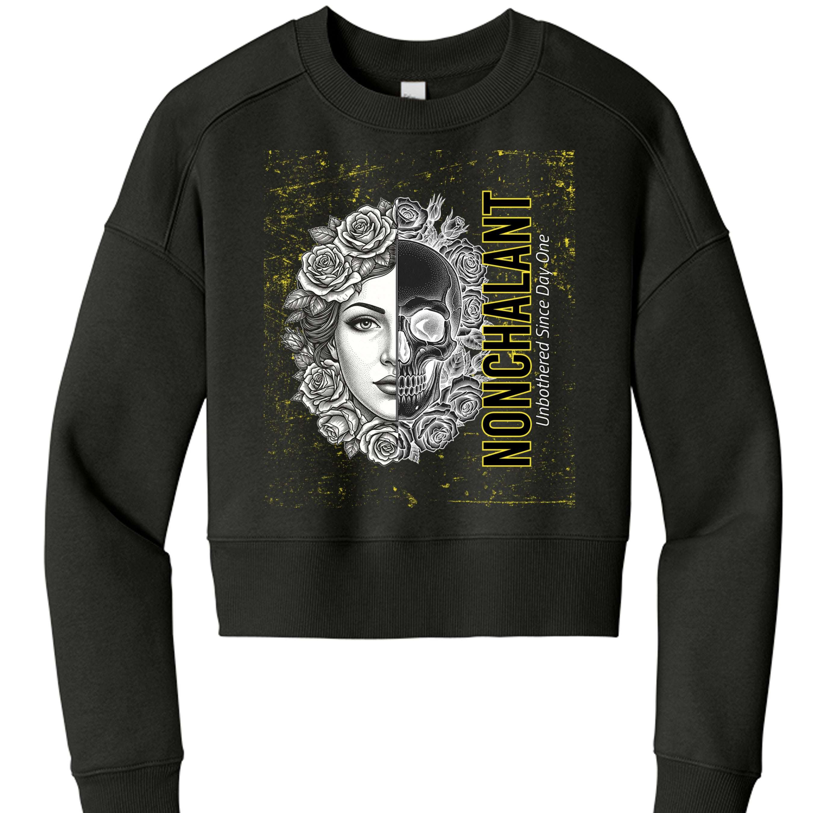 Drop Dead Gorgeous women's cropped fleece crewneck with drop shoulders and rib knit cuffs and hem