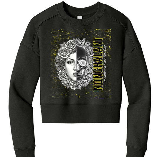 Drop Dead Gorgeous women's cropped fleece crewneck with drop shoulders and rib knit cuffs and hem