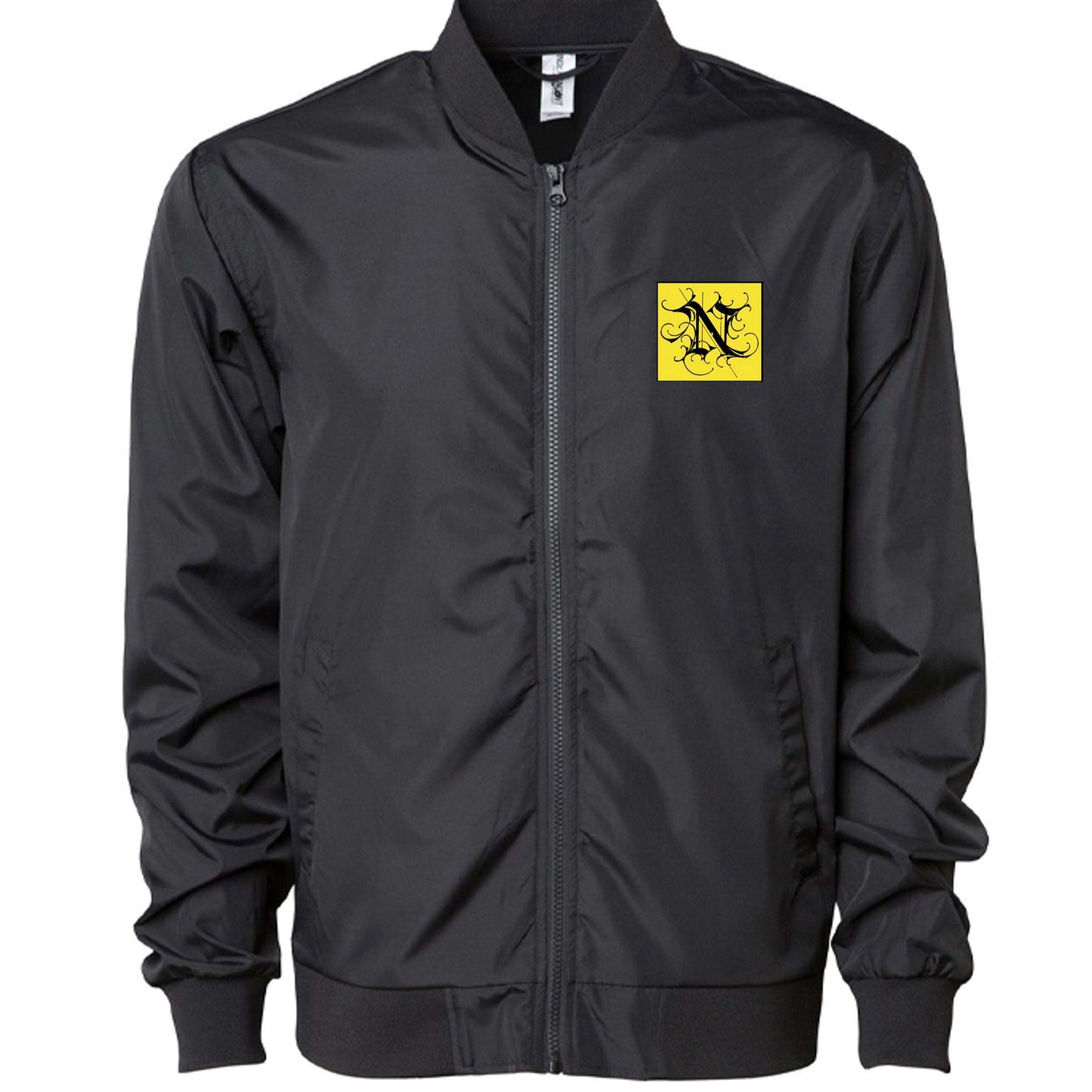 Statue of David bomber jacket with lightweight polyester shell, matte zipper, ribbed trim, and welt pockets